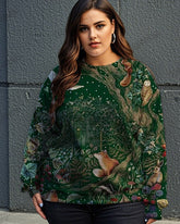 Forest Plants Rabbit Print Big Women's Round Neck Long Sleeve Sweatshirt